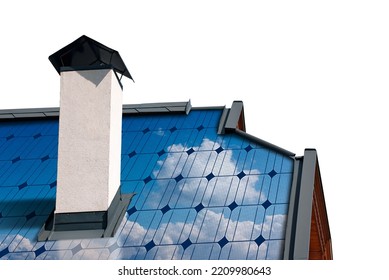 Close-up Of A Group Of Solar Panels Above The Roof Of A House, Isolated On White Background. Renewable Energies Concept.
