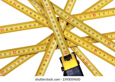 Close-up of a group of tape measures, meter, isolated on white background