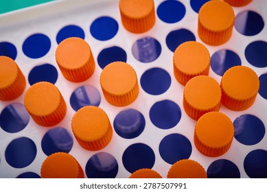 Close-up of a group of translucent polypropylene laboratory vials placed in a rack, for the examination of medical samples and laboratory experiments.