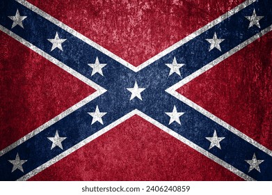 Close-up of grunge Confederate States of America flag. Dirty Confederate States of America flag on a metal surface. Banner design