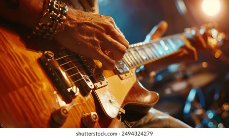 Close-Up of a Guitarist's Hand Playing a  Electric Guitar