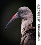 Close-up of a Hadada Ibis bird with a long curved beak and red markings against a dark background.