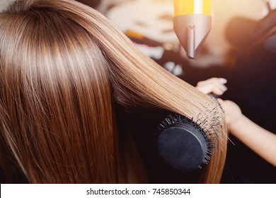 Close-up Of Hair Dryer, Concept Cut Salon, Female Stylist.