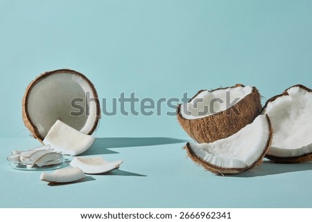 Close-up of half coconuts with broken shell pieces decorated on blue background. The photo emphasizes the natural beauty of coconut, symbolizing purity, moisture, and natural care.