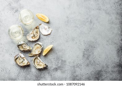 Close-up of half dozen of fresh opened oysters and shells with lemon wedges, two glasses of white wine or champagne, top view, grey rustic concrete background, space for text. Romantic or celebration