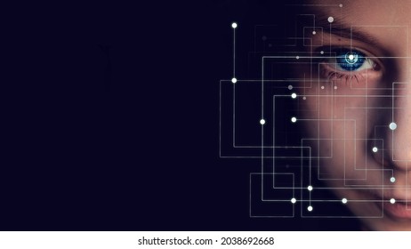 Close-up half face man portrait with binary code in eyes with digital technology network grid on face