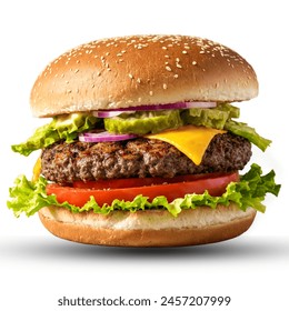 A close-up of a hamburger on a white background. The hamburger is piled high with a beef patty, lettuce, tomato, onion, and cheese.
