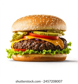 A close-up of a hamburger on a white background. The hamburger is piled high with a beef patty, lettuce, tomato, onion, and cheese. - Powered by Shutterstock