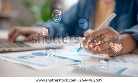Close-up of hand analyzing financial data with tax and fintech icons overlay. Concept of smart tax planning, financial analytics, online accounting, percentage calculation, and business strategy.