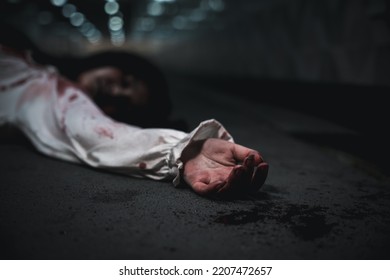 Closeup Hand With Blood Of Horror Bloodthirsty Ghost Woman On Floor, Homicide Female Hands Jerky In Blood With Resentment Torture And Ask For Help, Murder And Crime, Halloween Horror Day Concept