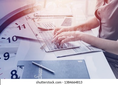 Closeup Hand Business Office Woman Typing On Laptop Computer Overlay With Times Clock For Working Hours Concept