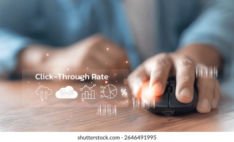 Close-up of a hand clicking a computer mouse with text 'Click-Through Rate' and data icons, representing online marketing performance, conversion rate, and web analytics.