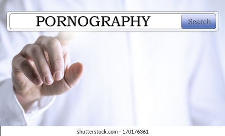 Close-up of a hand clicking with the finger on a virtual screen searching for pornography, with copy space