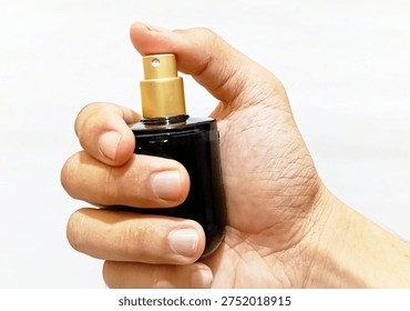 Close-up of hand grasping tiny black fragrance bottle with gold cap