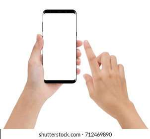 close-up hand hold and touching on phone mobile isolated white background