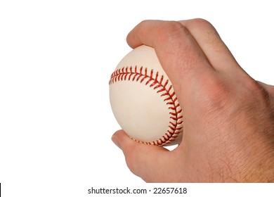 Closeup Of Hand Holding Baseball In Curveball Grip Isolated On White