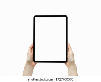 Close-up Of Hand Holding Black Tablet Isolated On White Background.