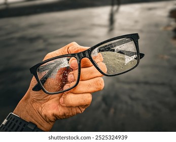 A close-up of a hand holding black-framed glasses, covered in water droplets, against a blurred outdoor background. - Powered by Shutterstock