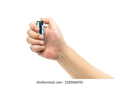 Close-up of a hand holding a blue plastic lighter - Shutterstock ID 2185066931