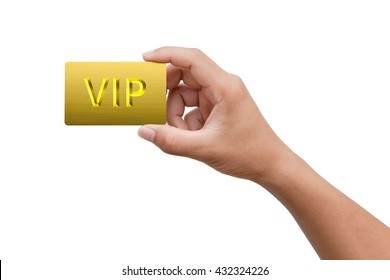 Closeup of hand holding business card with VIP word on white background. shopping, wealth, money, luxury and people concept
