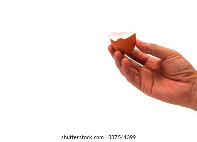 closeup hand holding egg shell isolated on white.