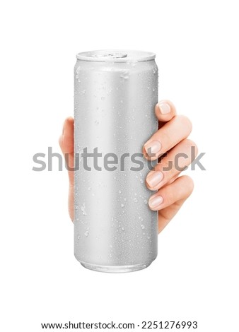 Close-up of hand holding Empty aluminum can with condensation. isolated on white Background. front view.