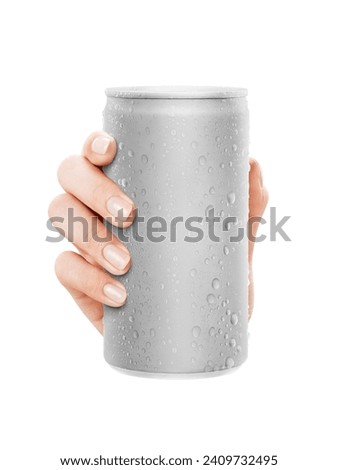  Close-up of hand holding Empty aluminum 375ml can with condensation. isolated on white Background. front view.