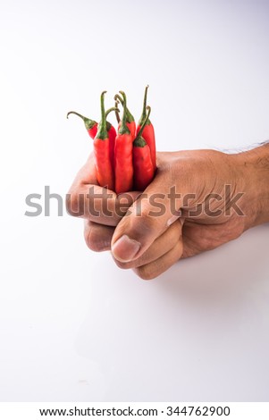 Closeup of hand holding fresh Red chillies over white background, selective focus