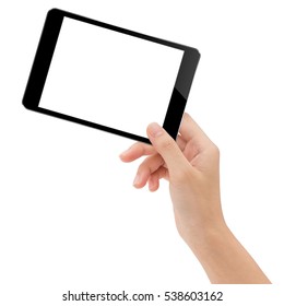 Close-up hand holding mock-ups digital tablet on white background 