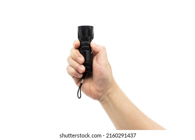 Closeup Of Hand Holding Small Black Flashlight Isolated On White Background