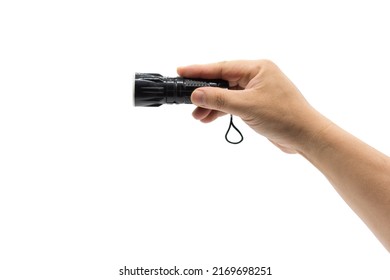 Closeup Of Hand Holding Small Black Flashlight Isolated On White Background