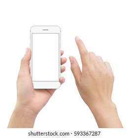close-up hand holding smartphone mobile and hand element touch screen isolated on white clipping path inside - Shutterstock ID 593367287