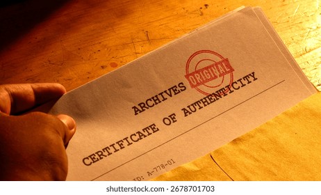 Close-up of a hand holding a stack of documents, likely a certificate of authenticity, with a red stamp that reads ORIGINAL visible