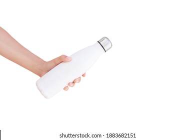 Close-up Of Hand Holding Steel Reusable Thermo Water Bottle Isolated On White Background With Copy Space.