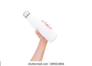 Close-up Of Hand Holding Steel Reusable Thermal Water Bottle With Mockup, Isolated On White Background With Copy Space.