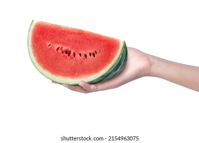 Closeup hand holding watermelon isolated on white background.