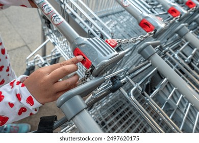 Close-up of a child’s hand inserting a coin into a supermarket cart lock system, showcasing everyday shopping activities. Perfect for illustrating family shopping, retail, and consumer behavior.

