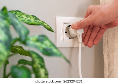 Close-up of a hand inserting a white electrical plug into a white wall socket next to a green houseplant. Highlighting the concepts of electricity. Power. And energy consumption in a domestic setting