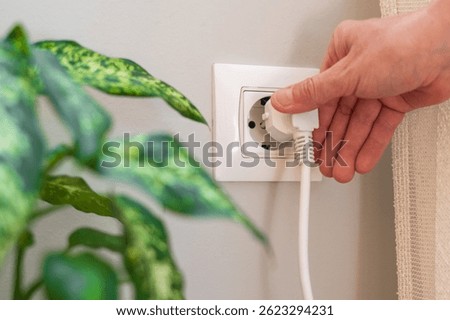 Close-up of a hand inserting a white electrical plug into a white wall socket next to a green houseplant. Highlighting the concepts of electricity. Power. And energy consumption in a domestic setting