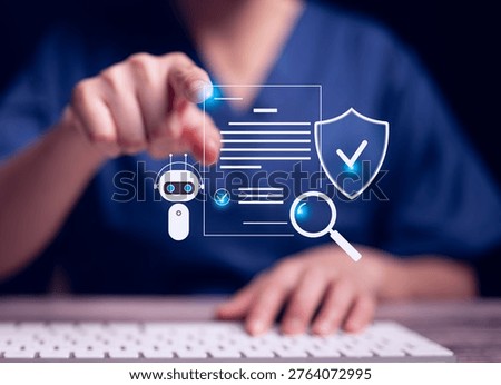 Close-up of hand interacting with AI interface showing robot, data analysis and security shield, representing healthcare technology, automation and medical data protection.
