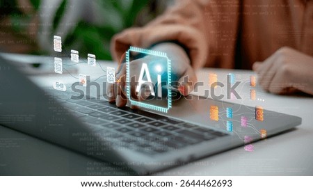 Close-up of hand interacting with AI workflow on laptop screen. Concept of artificial intelligence process, machine learning pipeline, data analysis, automation, and smart system integration.