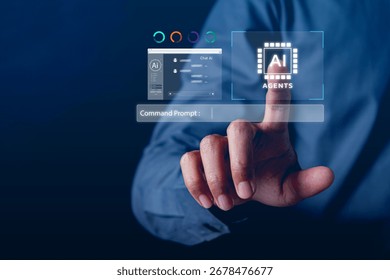 A close-up of a hand interacting with a digital interface showcasing AI agents and command prompts, symbolizing the integration of technology and innovation in modern systems.