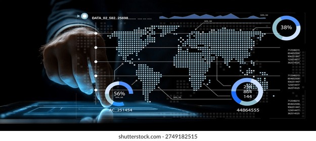 A close-up of a hand interacting with a digital touchscreen displaying a world map and various data metrics, representing advanced technology and business intelligence analysis. - Powered by Shutterstock - Get 15% off with code: PIKWIZARD15