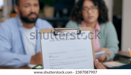 Closeup, hand and last will for document in office for testament, insurance or future planning. Funeral, death and preparation of married couple in home for protection, security of safety of family
