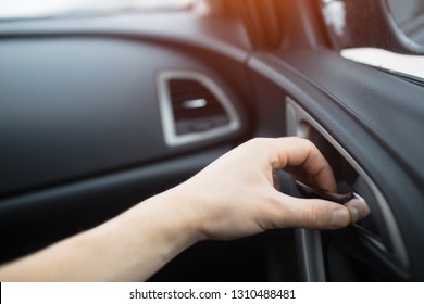 Close-up, Hand Of Man Open Car Door From Inside.