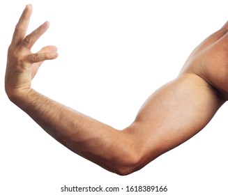 Close-up Hand Of A Man With Open Palm Man Shoulder And Arm Isolated On White Background