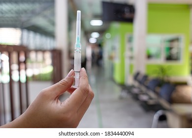 Close-up Hand Nurse , Public Health Scholar, Doctor, Scientist Hold Syringe And Dose Of Influenza Vaccine In Hospital. Immunity,antibody,vaccine For Protection Concept.