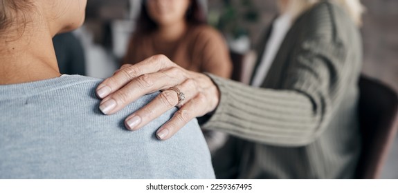 Closeup, hand and old woman support friend, solidarity and community with sympathy and therapy. Zoom, touching shoulder for grief and female with love, compassion or group with loss and communication - Powered by Shutterstock