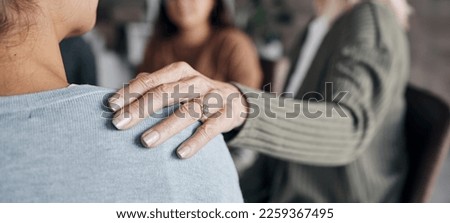 Closeup, hand and old woman support friend, solidarity and community with sympathy and therapy. Zoom, touching shoulder for grief and female with love, compassion or group with loss and communication