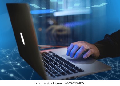 Close-up of a hand on a laptop keyboard, digital network overlay. Laptop, hand, and network elements create a tech-focused scene. High-tech technology photo showing data for futuristic technology. - Powered by Shutterstock - Get 15% off with code: PIKWIZARD15